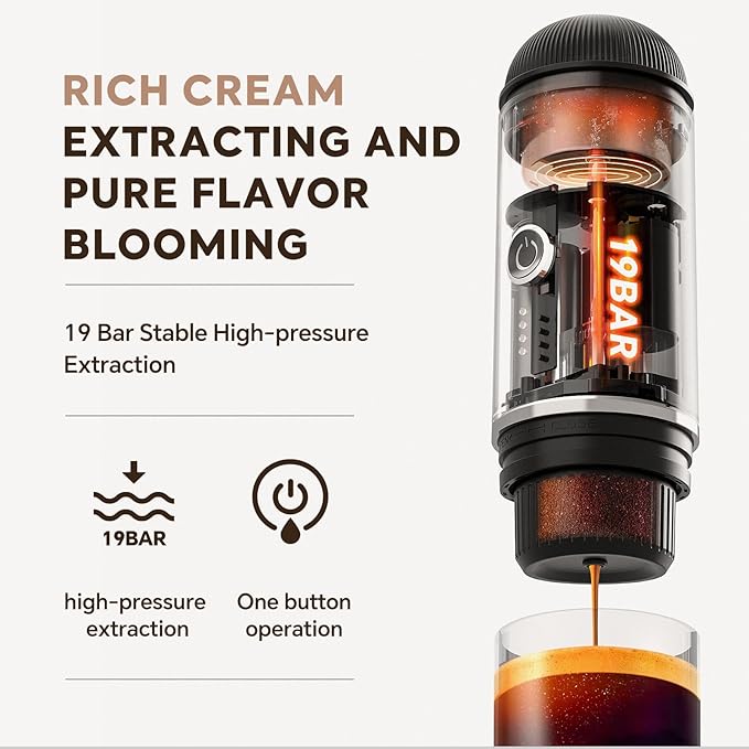 Rich Crema Portable Electric Espresso Coffee Maker, Fast self-heating 2 IN 1 Extraction System Espresso Machine,Support Ground Coffee and NS capsule, for Travel,Car,Hiking,Climbing（Black）