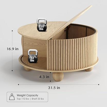 Round Coffee Table with Storage,31.5" Modern Coffee Table with Sliding Tambour Door & Bun Feet,Fluted Accent Center Table for Living Room,Home Small Space,Oak