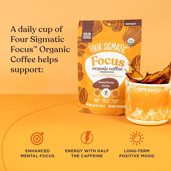 Four Sigmatic Focus Organic Mushroom Coffee | 1500mg of Adaptogens per Serving | Lion's Mane, Chaga, Rhodiola, Ashwagandha & Mucuna for Energy, Focus, Positive Mood & Immune Support | 30 Servings