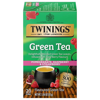 Twinings Green Tea with Pomegranate, Raspberry, & Strawberry Individually Wrapped Bags, 20 Count (Pack of 1), Caffeinated, Enjoy Hot or Iced, 20 Teabags
