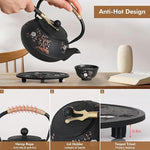 Load image into Gallery viewer, Japanese Style Cast Iron Teapot with 4 Tea Cups Trivet Tetsubin Tea Kettle with Infuser Chinese Tea Set for Adults Iron Tea Pots Black (Magpie and Plum Pattern)