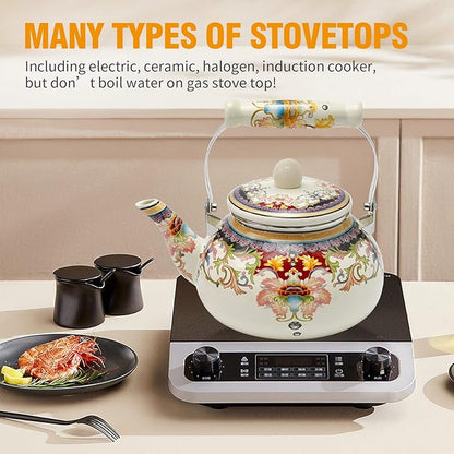 2.5L White Flowered Tea Kettle with Ceramic Handle, Floral Ceramic Enamel Teapot for Stovetop, No Whistle