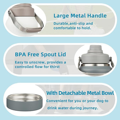 BJPKPK 64oz Insulated Water Bottles, Dishwasher Safe Half gallon Water Bottle with Metal Handle, BPA Free Spout Lid & Detachable Bowl, Large Stainless Steel Jugs, Grey