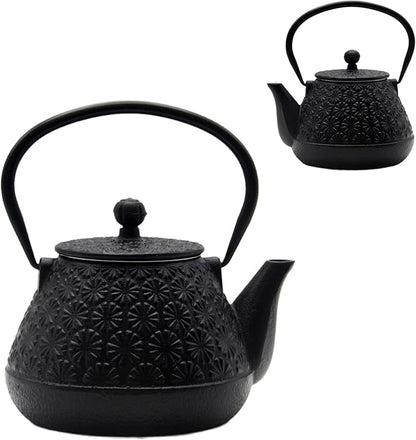 20.3oz Small Cast Iron Teapot, SECHUDO Tea Kettle for Stovetop Safe Coated with Enameled Interior, Japanese Style Tea Pot with Stainless Steel Infuser for Loose Tea (Black Gerbera Pattern)