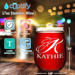 Load image into Gallery viewer, Personalized Wine Glass Script Monogram Initial and Name Engraved 17 oz Stemless Customized Red White Wine Glass Gift for Women