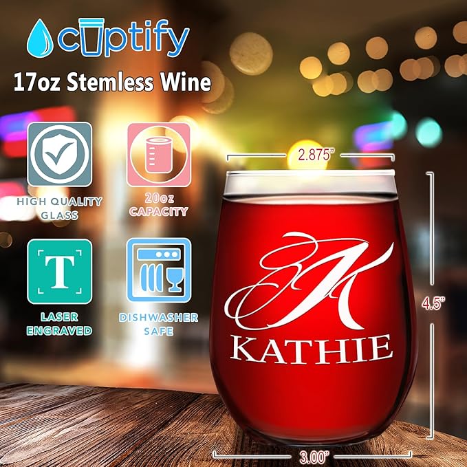 Personalized Wine Glass Script Monogram Initial and Name Engraved 17 oz Stemless Customized Red White Wine Glass Gift for Women