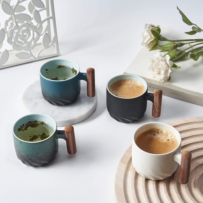 Ceramic Espresso Cups with Wooden Handle Espresso Shot Cups Ceramic Tea Cups Porcelain Demitasse Cups for Coffee or Tea, 3oz (Mixed, 4)
