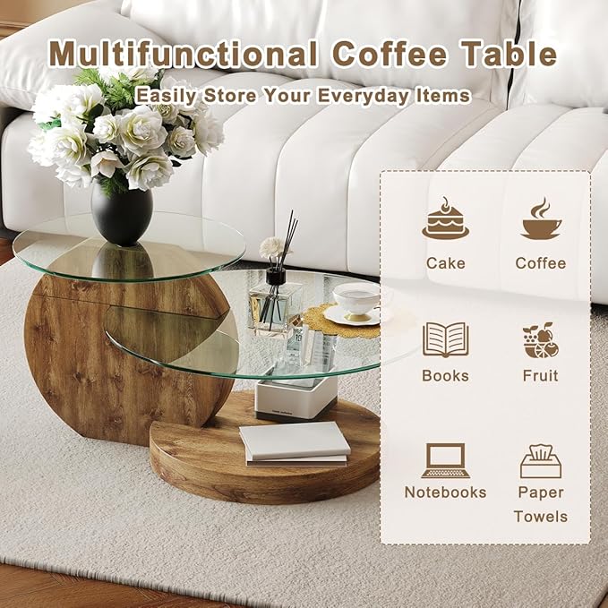 35 Inch Glass Coffee Table，Round Coffee Table with 2-Tier Tempered Glass Tabletop，Easy to Clean Circle Coffee Table with Sturdy Base for Living Room，Office （Brown Colored Base）