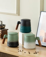 Load image into Gallery viewer, ZENS Tea Mug with Infuser and Lid for Loose Leaf Steeper, 16.9 oz Embossed Ceramic Tea Cup with Fine Tea Strainers, Wood Handle Large Tea Diffusers Mugs for Tea Lovers Gifts