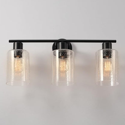 Globe Electric 51851 Bristol 5-Piece All-in-One Bathroom Set, Matte Black, 3-Light Vanity Light with Seeded Glass Shades, Towel Bar, Towel Ring, Robe Hook, Toilet Paper Holder