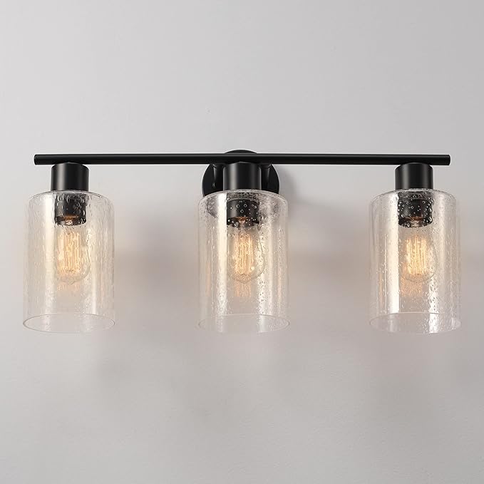 Globe Electric 51851 Bristol 5-Piece All-in-One Bathroom Set, Matte Black, 3-Light Vanity Light with Seeded Glass Shades, Towel Bar, Towel Ring, Robe Hook, Toilet Paper Holder