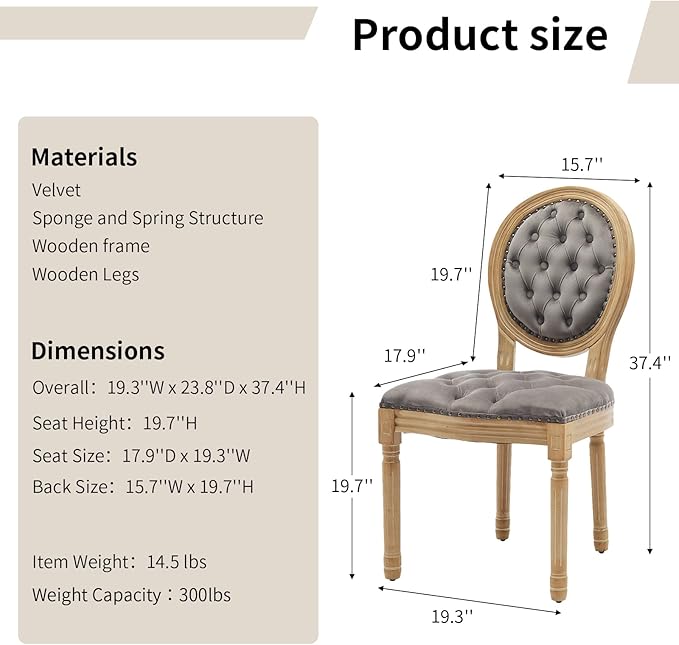 Vintage French Country Dining Chairs Set of 2, Velvet Dining Chair with Solid Wood Legs, Grey Upholstered Dining Chairs, Sillas para Comedor, Kitchen & Dining Room Chair (Gray, Velvet, 2Pcs)