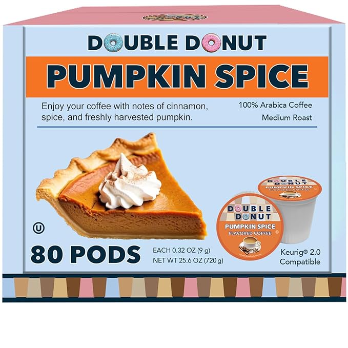 Double Donut Pumpkin Spice Coffee Pods, Single Serve Coffee for Keurig K Cups Machines, Medium Roast Pumpkin Pods, 80 Count