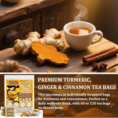 60 Bags Premium Turmeric Ginger Cinnamon Tea, 100% Natural Ingredients Blend, Pure Turmeric Ginger Herbal Tea for Wellness, No Additives, No Sugar, No Caffeine, Vegan (60 Bags)