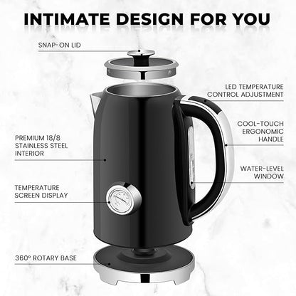 SUSTEAS Electric Kettle Temperature Control - 57oz Hot Water Boiler with Thermometer, 1500W Fast Heating Stainless Steel Tea Kettles, Cordless LED Indicator, Auto Shut-Off & Boil Dry Protection,Black