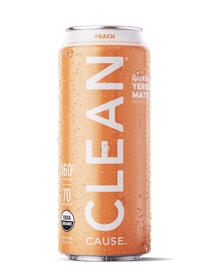 CLEAN Cause Low Calorie Peach USDA Organic Sparkling Yerba Mate Tea (16oz cans, 12-Pack Case) Low Sugar, 160mg Caffeine, Healthy Alternative to Soda & Energy Drinks.