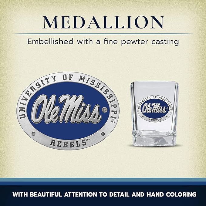 Heritage Pewter University of Mississippi Ole Miss Square Shot Glass | Hand-Sculpted 1.5 Ounce Shot Glass | Intricately Crafted Metal Pewter Alma Mater Inlay