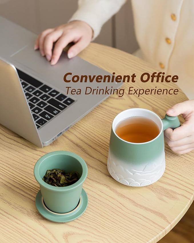ZENS Tea Mug with Infuser and Lid for Loose Leaf Steeper, 16.9 oz Embossed Ceramic Tea Cup with Fine Tea Strainers, Wood Handle Large Tea Diffusers Mugs for Tea Lovers Gifts