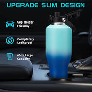 Insulated Water-Cup Skinny-Bottle 40 oz - Stainless Steel Insulated Water Bottles fits in Cup Holder, Leak Proof Metal Flask Water Cup with Straw Spout Lids for Women Men