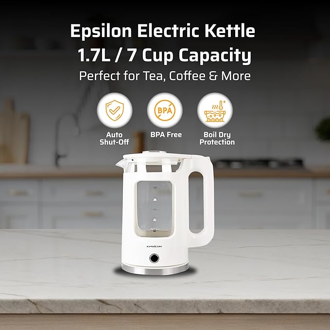 Epsilon 1.7L Glass Electric Kettle – Hot Water Tea Kettle with LED Light, Stainless Steel & Borosilicate Glass, Auto Shut-Off, BPA-Free Electric Teapot, 1100W Fast Boil, Cool Touch