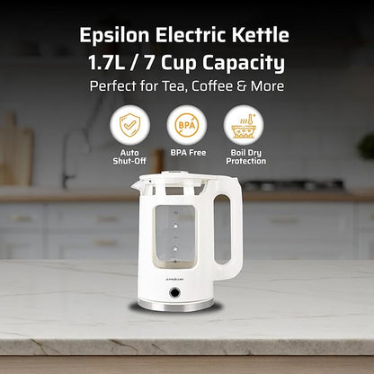 Epsilon 1.7L Glass Electric Kettle – Hot Water Tea Kettle with LED Light, Stainless Steel & Borosilicate Glass, Auto Shut-Off, BPA-Free Electric Teapot, 1100W Fast Boil, Cool Touch