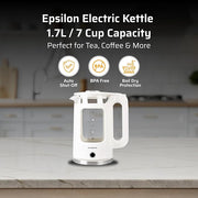 Epsilon 1.7L Glass Electric Kettle – Hot Water Tea Kettle with LED Light, Stainless Steel & Borosilicate Glass, Auto Shut-Off, BPA-Free Electric Teapot, 1100W Fast Boil, Cool Touch