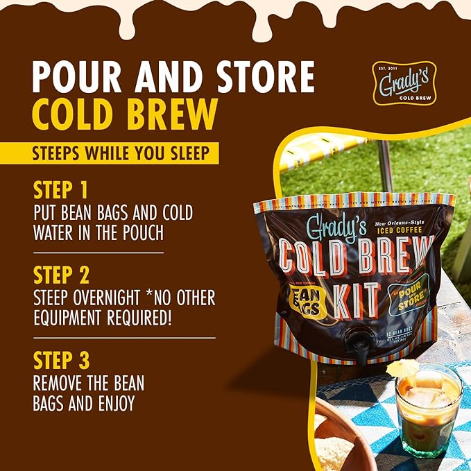 GRADY’S COLD BREW, New Orleans Style, 100% Arabica Ground Coffee & Chicory Pouches, 2 All-in-One Cold Brew Kits, each with 12 Easy-to-Brew Beans Bags, Makes 72 drinks