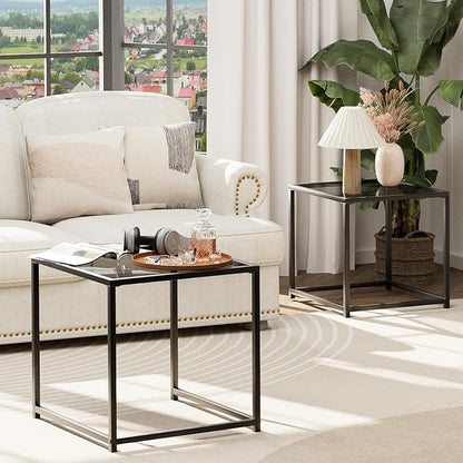 VILAWLENCE Coffee Table Set of 2, Modern Grey Patterned Glass Side Table, Metal Frame Square End Table, Center Tables Nesting Coffee Table for Living Room,Bedroom and Small Spaces