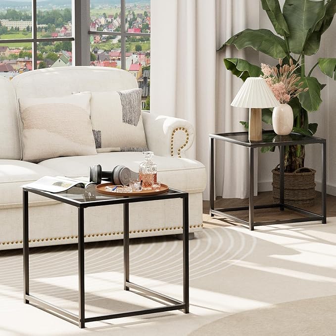VILAWLENCE Coffee Table Set of 2, Modern Grey Patterned Glass Side Table, Metal Frame Square End Table, Center Tables Nesting Coffee Table for Living Room,Bedroom and Small Spaces