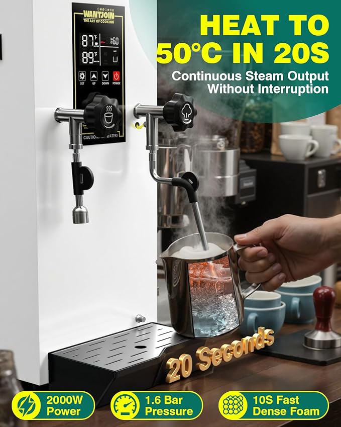WantJoin Commercial Milk Frother - 1800W Milk Steamer, Hot Water Dispenser, Beverage Heater for Latte, Cappuccino, Coffee, Milk Tea, LED Display, Hotel Use (While)