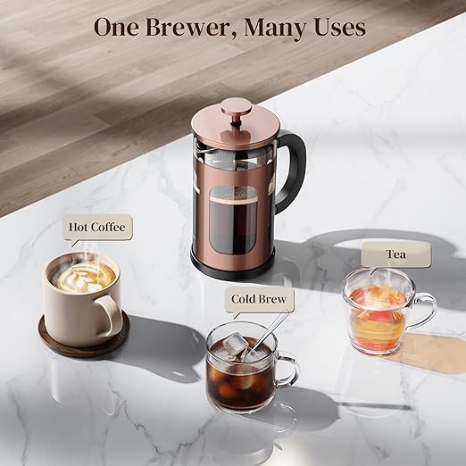 Veken French Press Coffee Maker 21oz 0.6 L, Heat Resistant Thickened Borosilicate Glass,Stainless Steel Brewer,Single Serve Small Pot, Cold Brew Cafetera Teapot for Kitchen Travel Camping, Copper