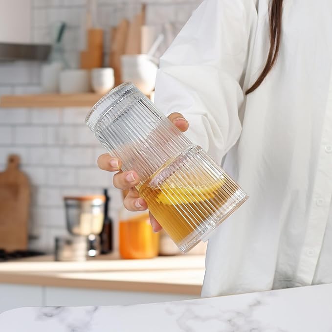 Ribbed Drinking Glasses,with Lids and Straws Glass Cup,19oz Glass cup,4 Pack Old Fashioned Glasses,Thickened for iced coffees,cocktails and juices, perfect for families and parties (4)