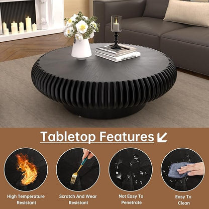 Round Coffee Table 39.3" Modern Black Fluted Coffee Table Low Round Drum Pedestal Coffee Tables for Living Room Farmhouse (Black 39.3 inch)