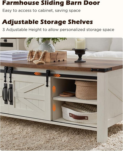 OKD 48" Farmhouse Lift Top Coffee Table with Sliding Barn Door,Rustic Center Table with Hidden Storage Compartment,Lifting Tabletop and Adjustable Shelf for Living Room,Office,Antique White