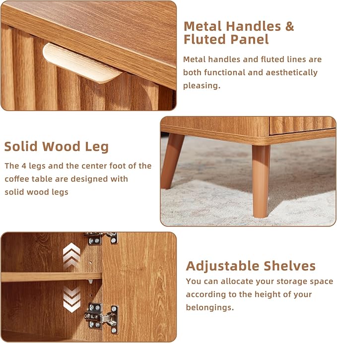 LEYAOYAO 48" Fluted Lift Top Coffee Table with Hidden Storage & Adjustable Shelves, Lifting Tabletop Large Rectangular Coffee Tables, Mid Century Modern Wood Center Table for Living Room, Brown