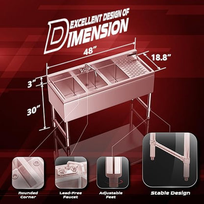 DuraSteel 3 Compartment Under Bar Sink - CEC & NSF 304 Stainless Steel 3 Bay Utility Sink with No Lead Faucet - 48" L x 19" W x 33" H - Right Drainboard Commercial Restaurant Grade