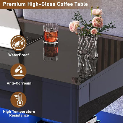 39.4" Large Lift Top Coffee Table,Modern High Glossy LED Coffee Tables for Living Room with Storage,Black Living Room Tables for Living Rooms,Dining Room,Bedroom Home Office,APP LED Lights（Black）