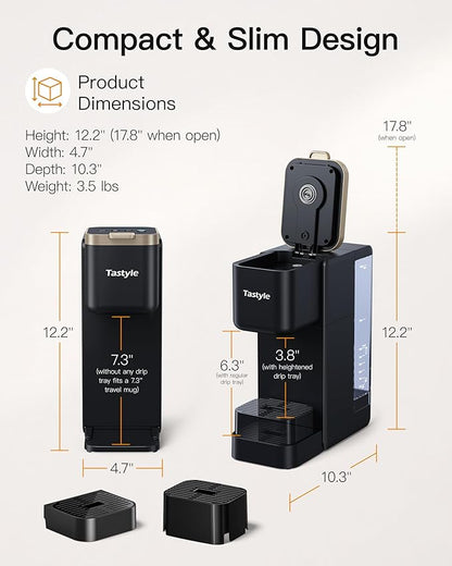 Single Serve Hot & Iced Coffee Maker with Strong Brew, 40oz Removable Reservoir, 6 Brew Sizes, Compatible with K Cup and Grounds, Compact for Home, Office, RV, Black & Gold (2.0 Version)