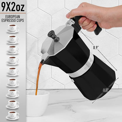 Zulay Moka Pot Espresso Stovetop Coffee Maker - Leak-Proof, Stainless Steel, Easy to Clean, Heat Resistant Handle & Knob - for Authentic Cuban & Italian Style Espresso - Makes 9 Espresso Cups - Black
