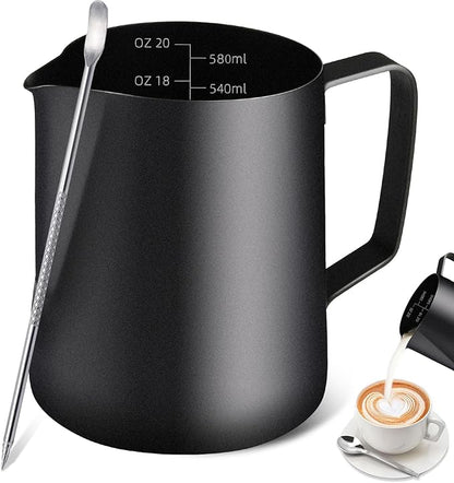 Milk Frothing Pitcher, 20OZ/600ML Stainless Steel Espresso Steaming Pitcher Coffee Milk Frother Cup with Decorating Art Pen for Espresso Machine, Milk Frother, Latte Art Black