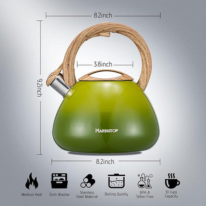 MARSKITOP Whistling Tea Kettle for Stove Top, 2.6 Quart Teapot for Stovetop, Stainless Steel Tea Pot for Stove with Wood Pattern Handle, Light Green