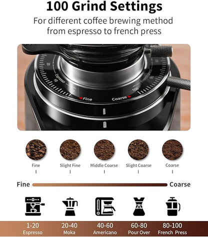 SHARDOR Professional 64mm Burr Coffee Grinder with 100 Grind Settings and All-Metal Chamber, Coffee Bean Grinder with Adjustable Electronic Timer and LED Display, Anti-Static,Black