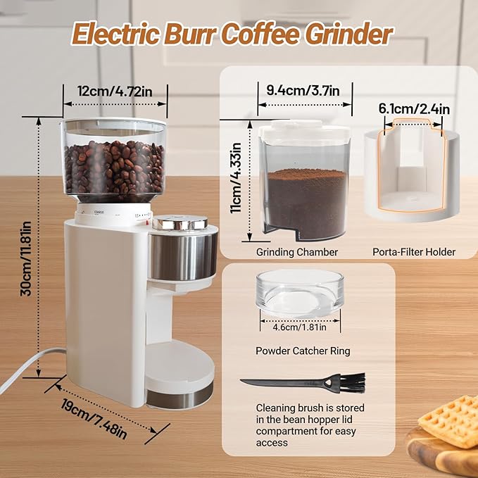 Electric Burr Coffee Grinder with 25 Grind Setting for 2-12 Cup Adjustable Stainless Steel Dosing Bean Mill Home Automatic Conical Freshly Ground Espresso Grinder with Cleaning Brush White