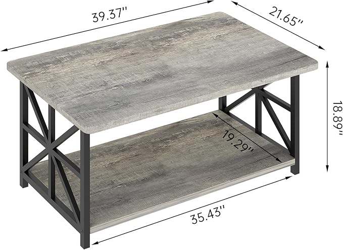 AWQM Gray Coffee Table for Living Room with Round Corners, 2 Tier Living Room Table with Storage Shelf,Rectangular Coffee Table Center Table for Small Spaces,Easy Assembly
