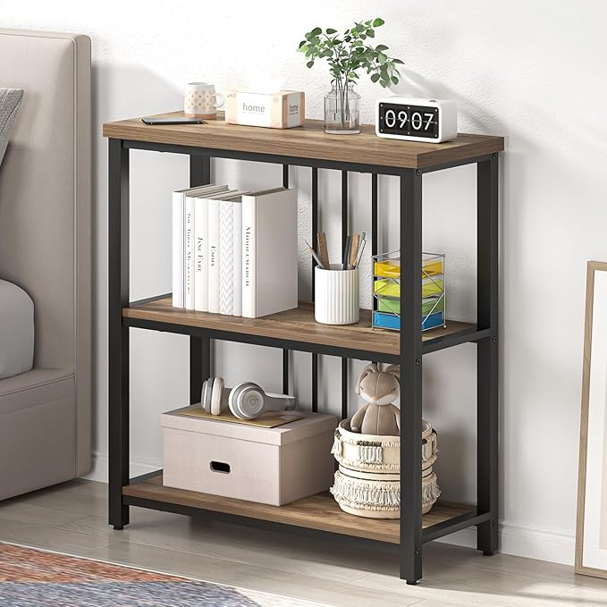 FOLUBAN Small Bookshelf and Bookcase, 3 Tier Open Book Shelf, Modern Metal and Wood Shelving Unit for Living Room Bedroom, Oak
