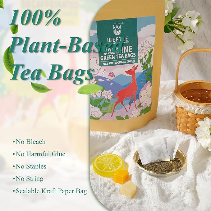 WT WEETEE Jasmine Green Tea Bags, 100 Count Jasmine Scented Green Tea, Refreshing & Relaxing, No Artificial Flavors | Resealable Kraft Bag | Brew Hot or Iced