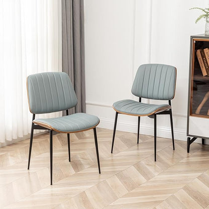 LUNLING Dining Chairs Set of 4 Mid Century Modern Retro Faux Leather Chair with Walnut Bentwood Upholstered Seat Metal Legs Chairs,Adjustable Foot for Kitchen Dining Room Chairs(Blue)