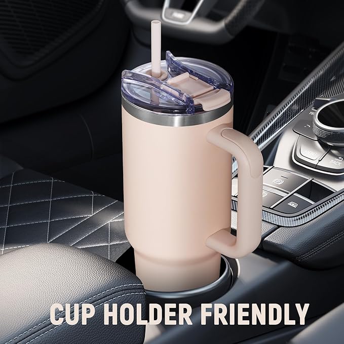 40 oz Tumbler with Handle and Straw Lid,Insulated Reusable Stainless Steel Water Bottle Travel Mug，Cupholder Friendly Double Wall Vacuum Sealed Cup (Rose Quartz)