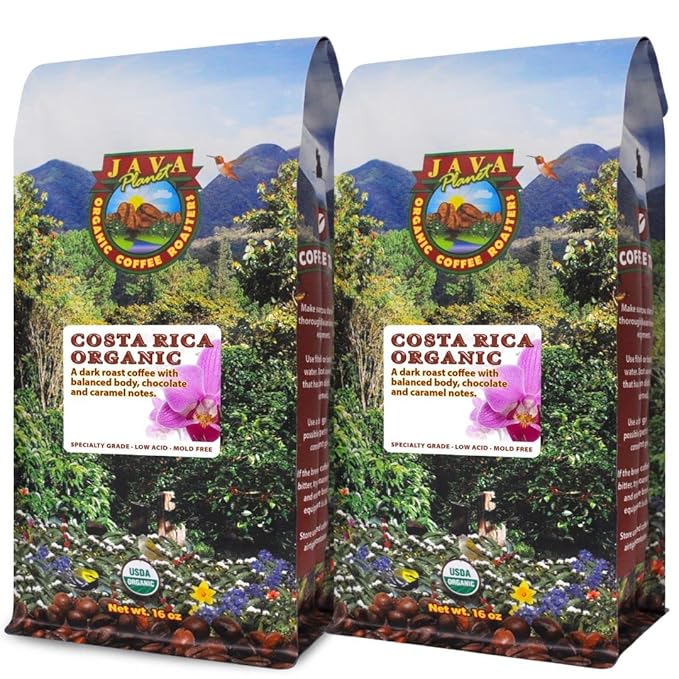 Low Acid Organic Coffee – Whole Bean, Mold-Free & Stomach Friendly by Java Planet, Costa Rican Single Origin Coffee, Dark Roast, Smooth Full Flavored, 2x1LB Bag