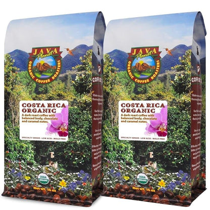 Low Acid Organic Coffee – Whole Bean, Mold-Free & Stomach Friendly by Java Planet, Costa Rican Single Origin Coffee, Dark Roast, Smooth Full Flavored, 2x1LB Bag